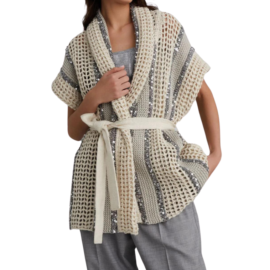 Cardigan BRUNELLO CUCINELLI maille crochet gris beige sequins ceinture