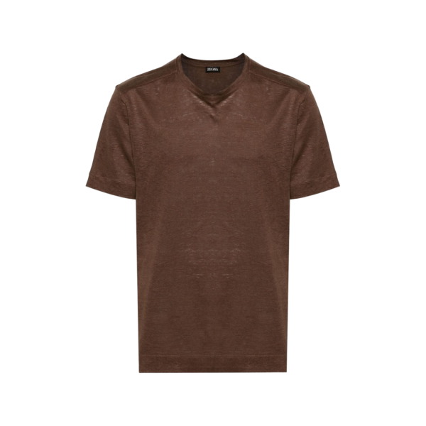 T-shirt ZEGNA col rond manche courte lin marron chocolat