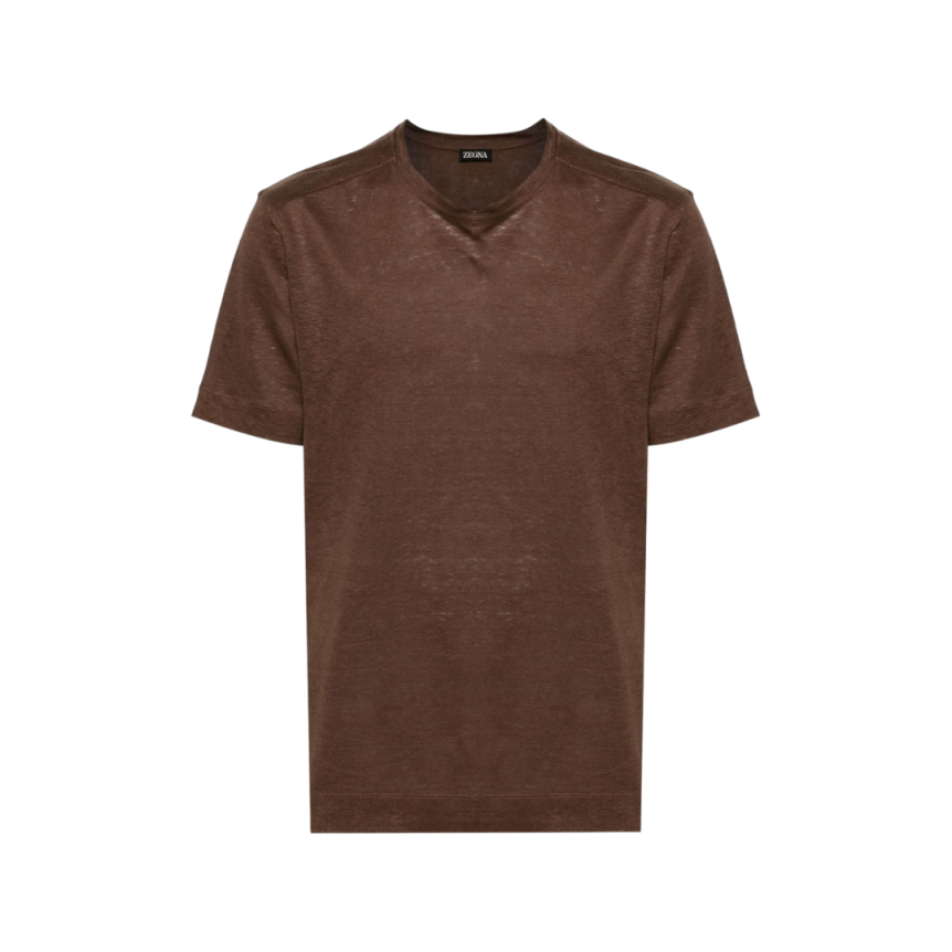T-shirt ZEGNA col rond manche courte lin marron chocolat