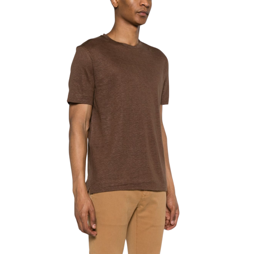 T-shirt ZEGNA col rond manche courte lin marron chocolat