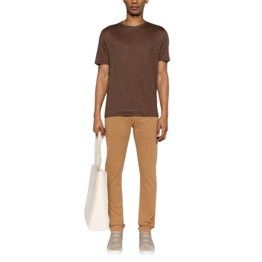 T-shirt ZEGNA col rond manche courte lin marron chocolat