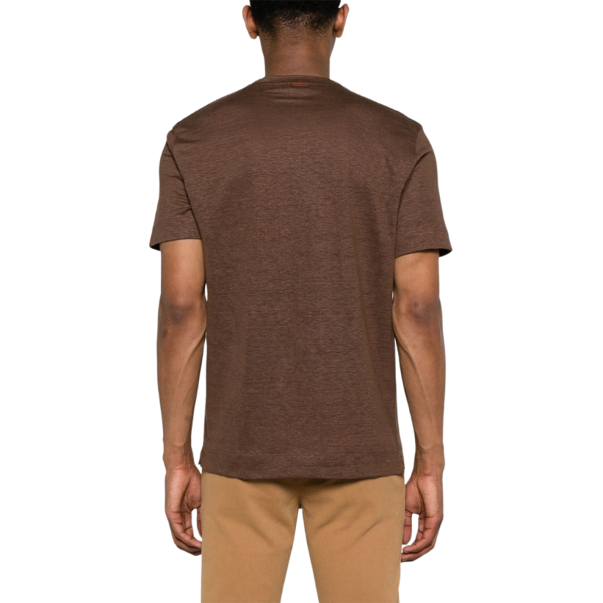T-shirt ZEGNA col rond manche courte lin marron chocolat