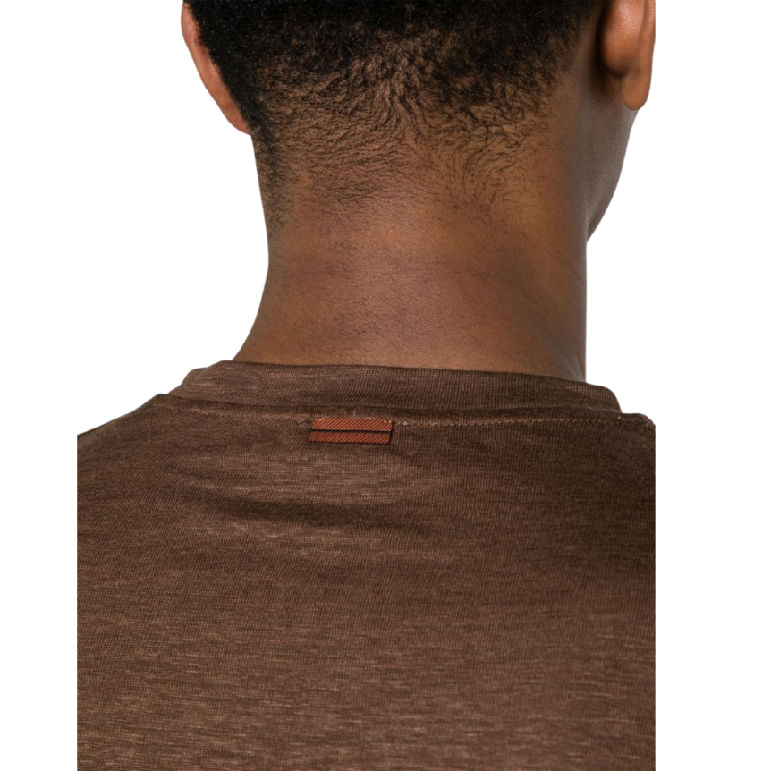 T-shirt ZEGNA col rond manche courte lin marron chocolat