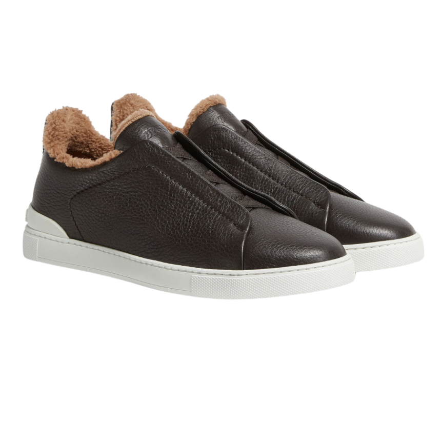 baskets basses ZEGNA Triple Stitch™ cuir de cerf marron shearling