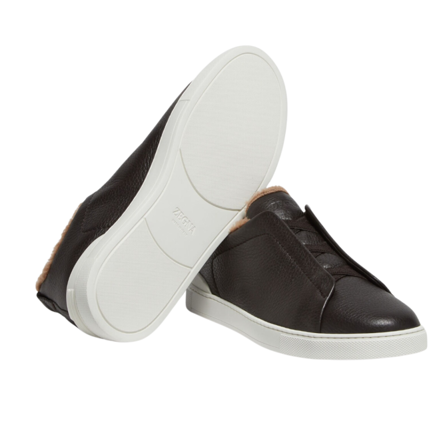 baskets basses ZEGNA Triple Stitch™ cuir de cerf marron shearling