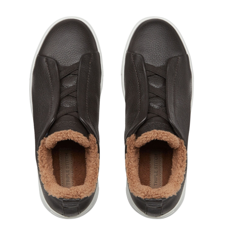 baskets basses ZEGNA Triple Stitch™ cuir de cerf marron shearling