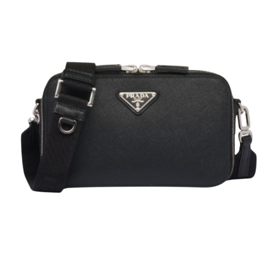 Sac Brique PRADA cuir Saffiano noir bandoulière logo triangle métal