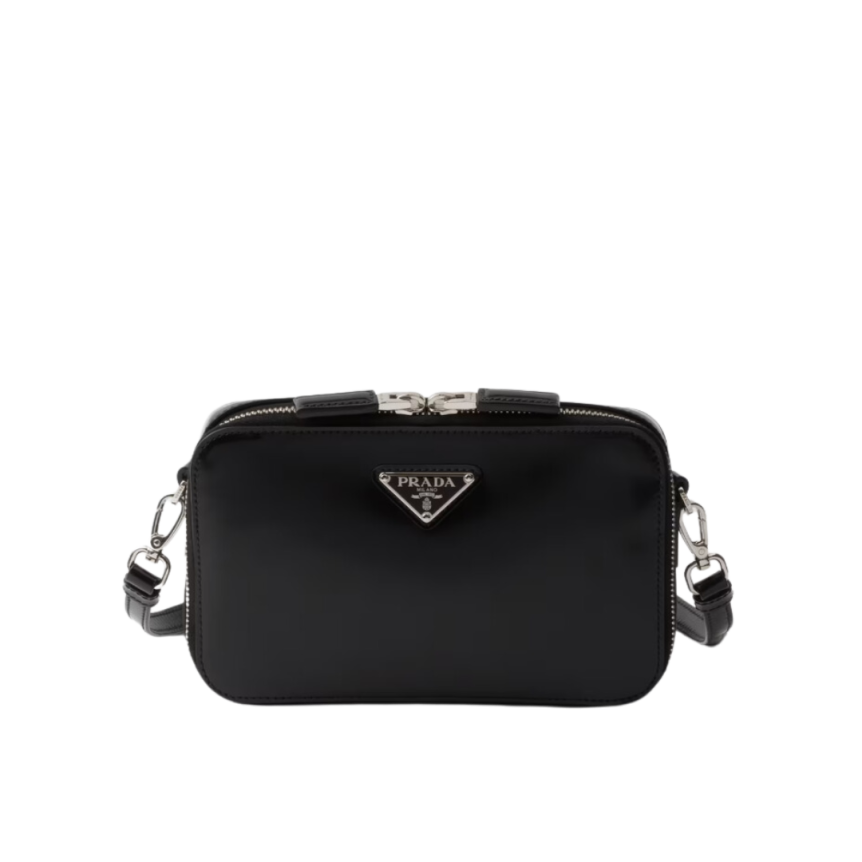 Sac Brique PRADA cuir Saffiano noir bandoulière logo triangle métal