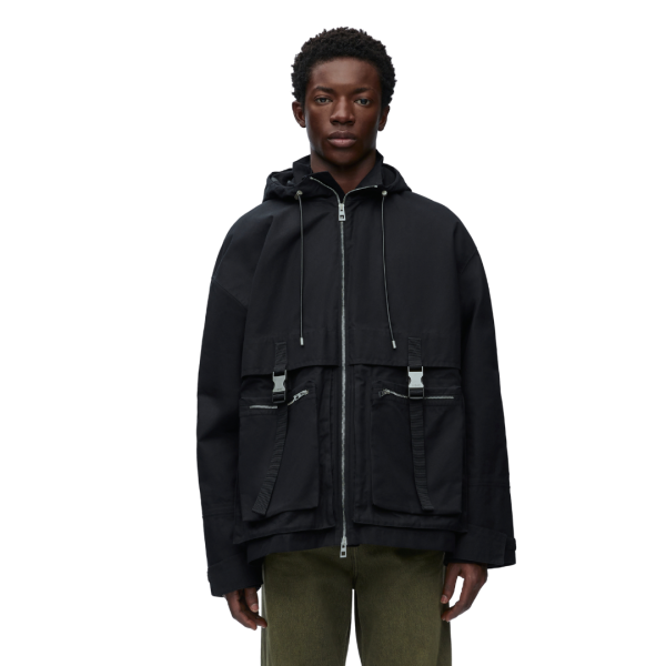 Parka zippée LOEWE coton compact déperlant noir capuche poches