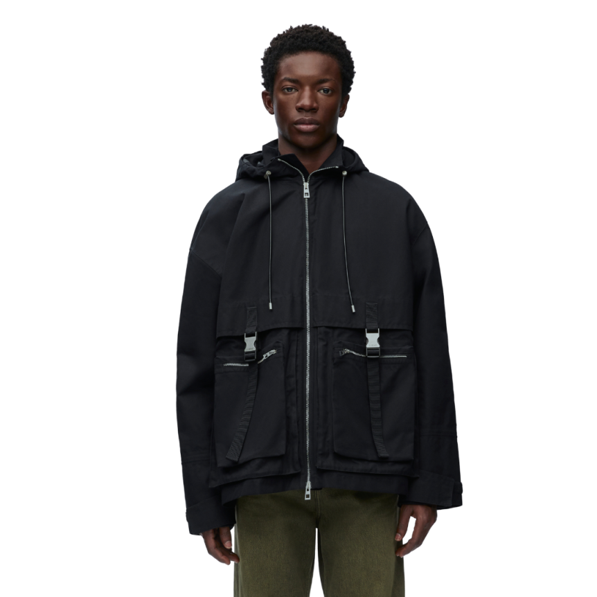 Parka zippée LOEWE coton compact déperlant noir capuche poches