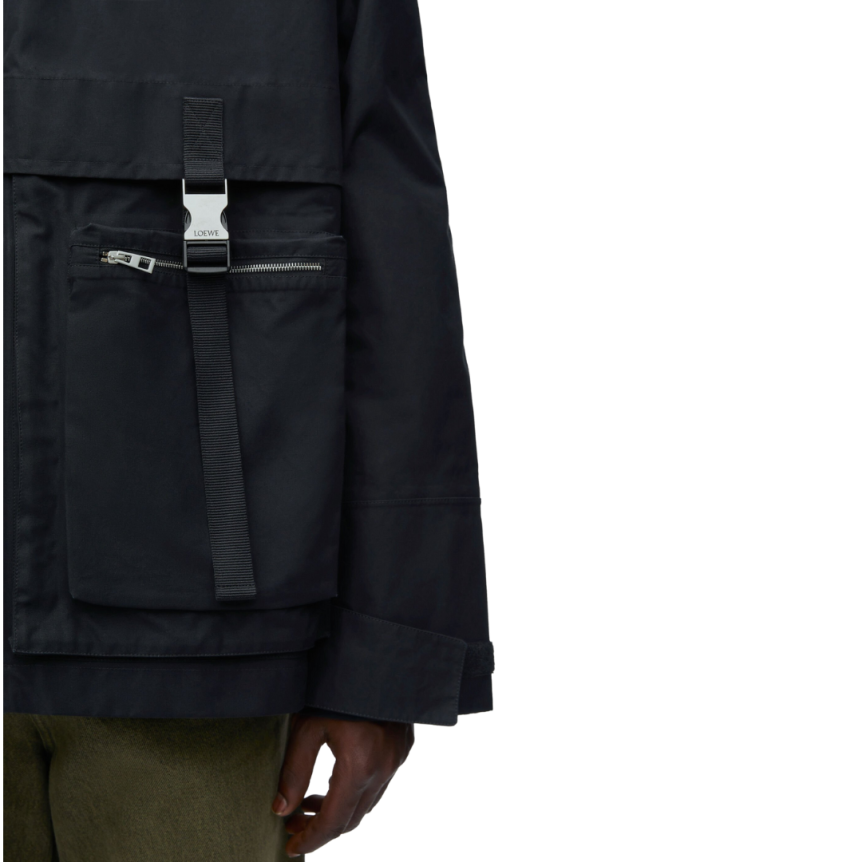 Parka zippée LOEWE coton compact déperlant noir capuche poches