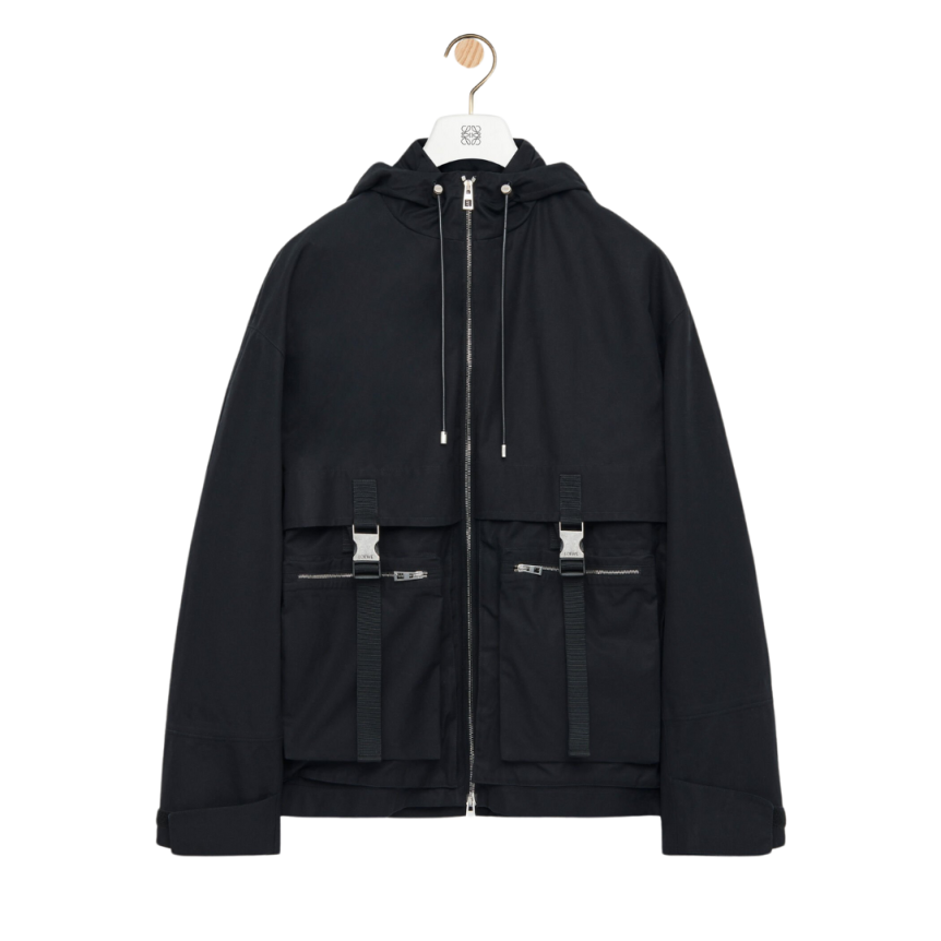 Parka zippée LOEWE coton compact déperlant noir capuche poches