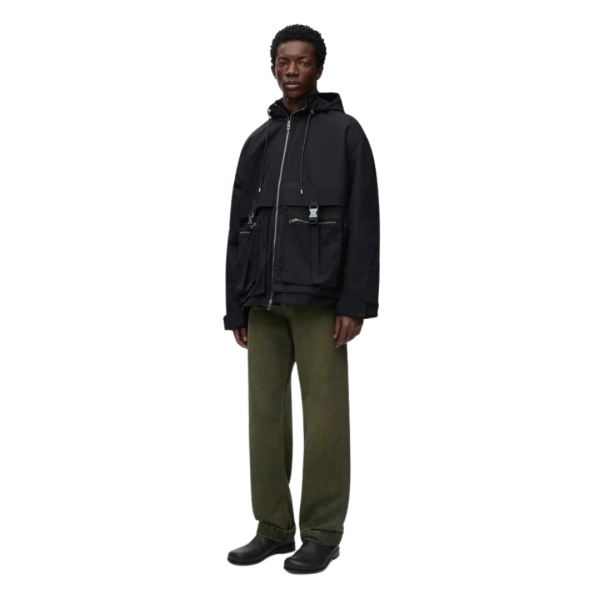 Parka zippée LOEWE coton compact déperlant noir capuche poches