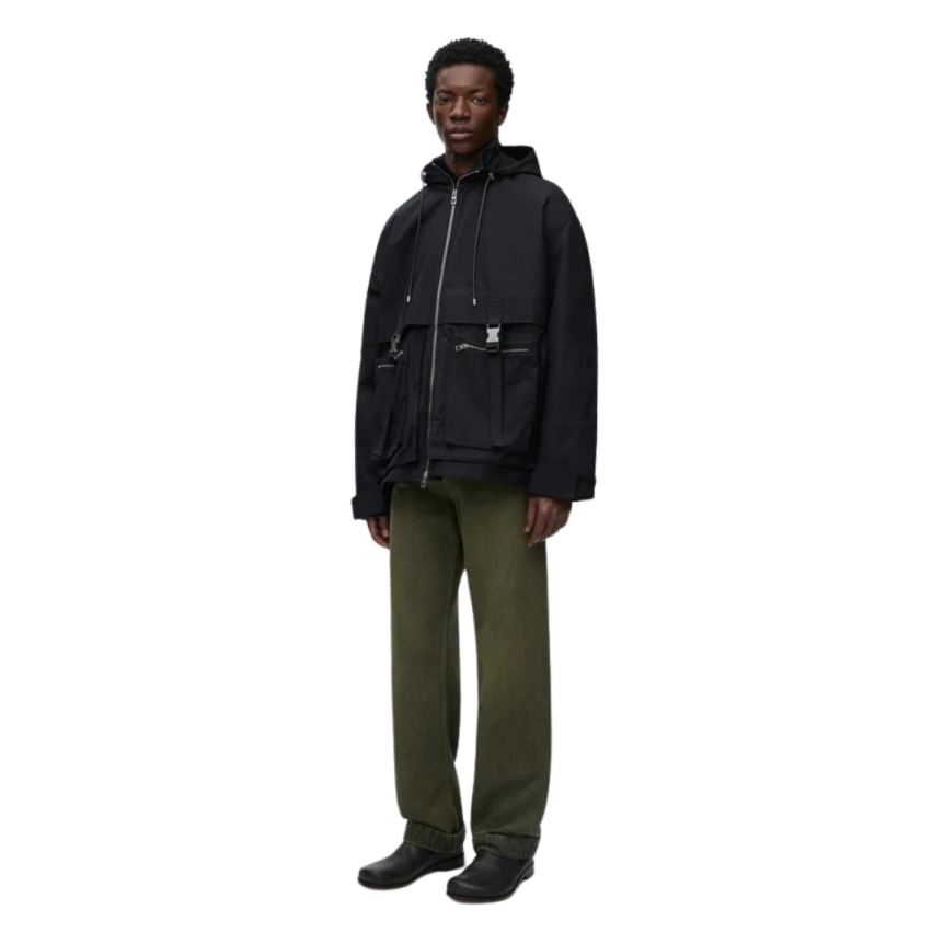 Parka zippée LOEWE coton compact déperlant noir capuche poches