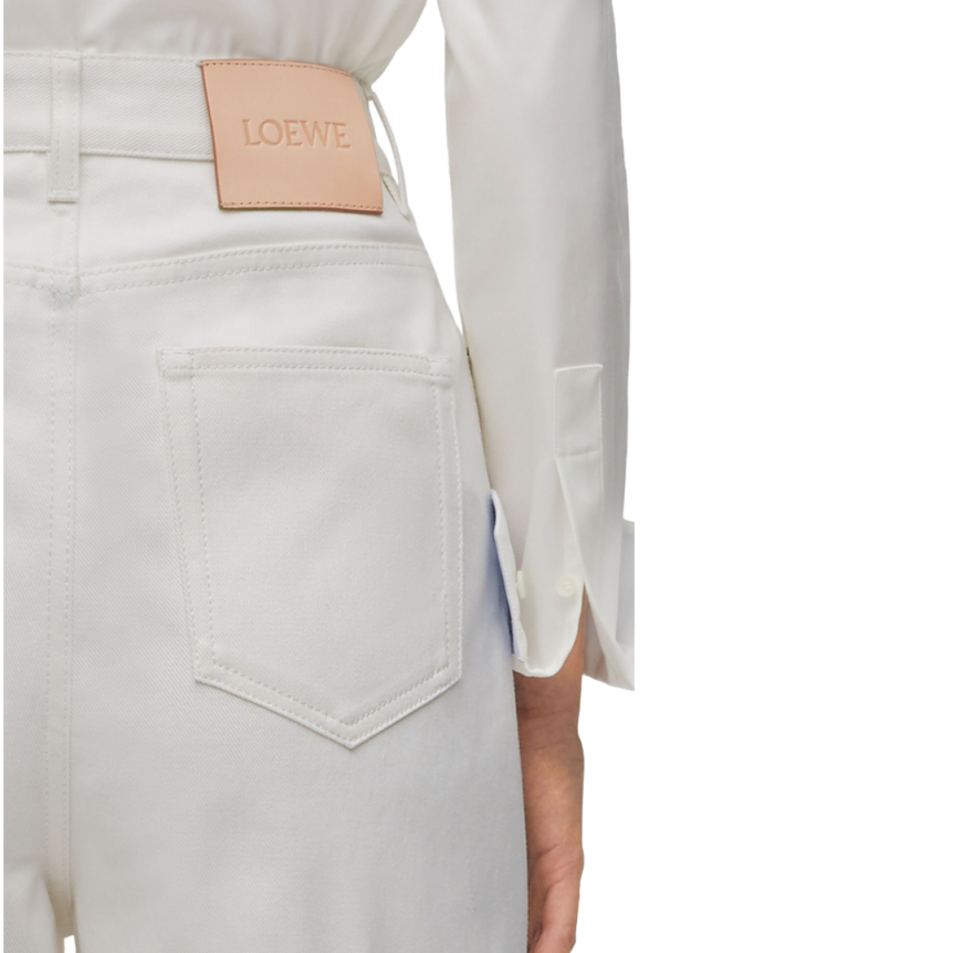 Jean LOEWE Taille haute denim de coton blanc patch cuir