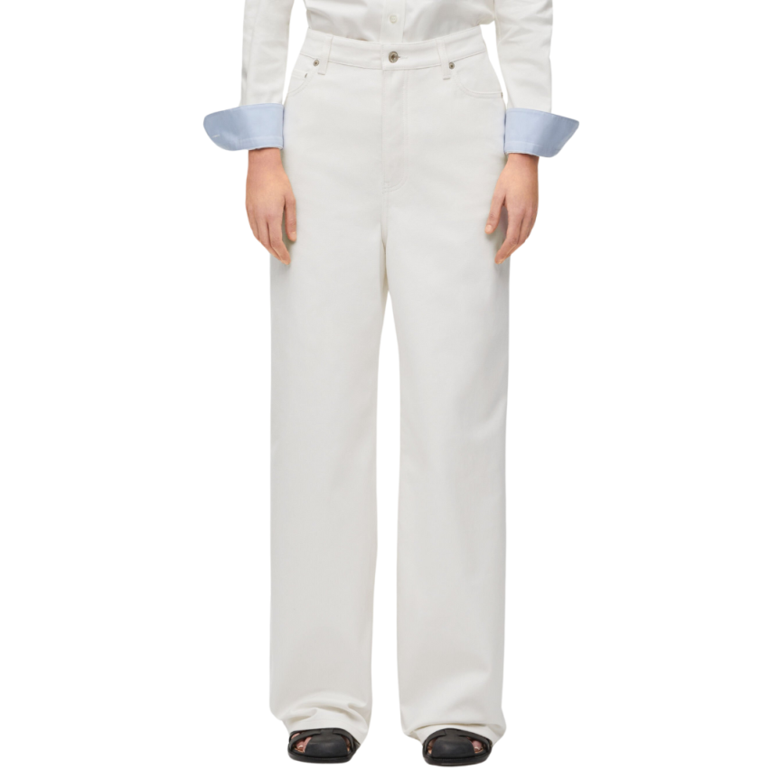 Jean LOEWE Taille haute denim de coton blanc patch cuir