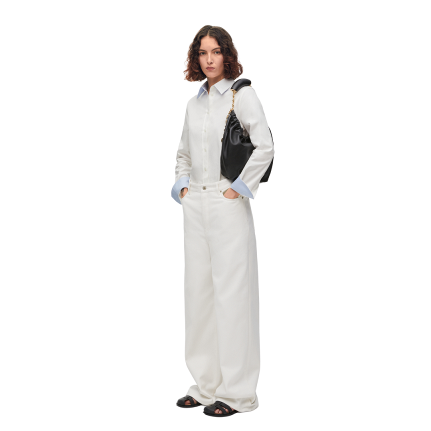 Jean LOEWE Taille haute denim de coton blanc patch cuir