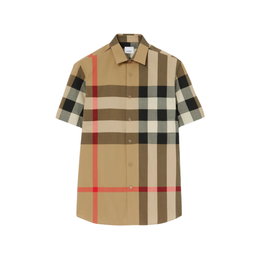 Chemise BURBERRY manche courte popeline coton check gros carreaux beige