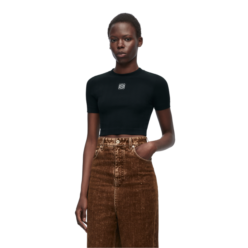 Top court LOEWE coton noir broderie logo anagramme