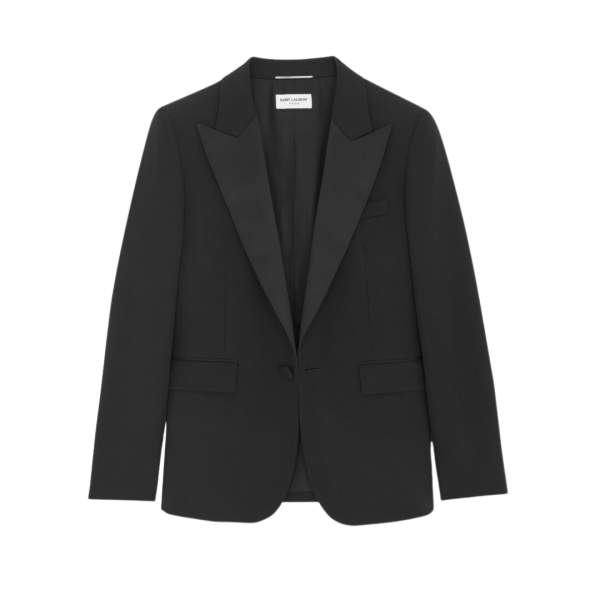 Veste smoking SAINT LAURENT simple bouton laine noir revers pointe satin