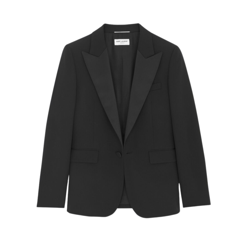 Veste smoking SAINT LAURENT simple bouton laine noir revers pointe satin
