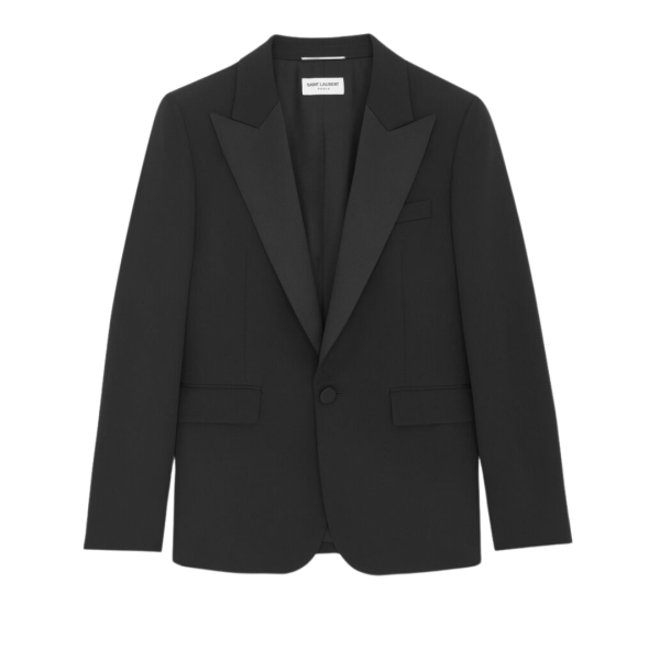 Veste smoking SAINT LAURENT simple bouton laine noir revers pointe satin