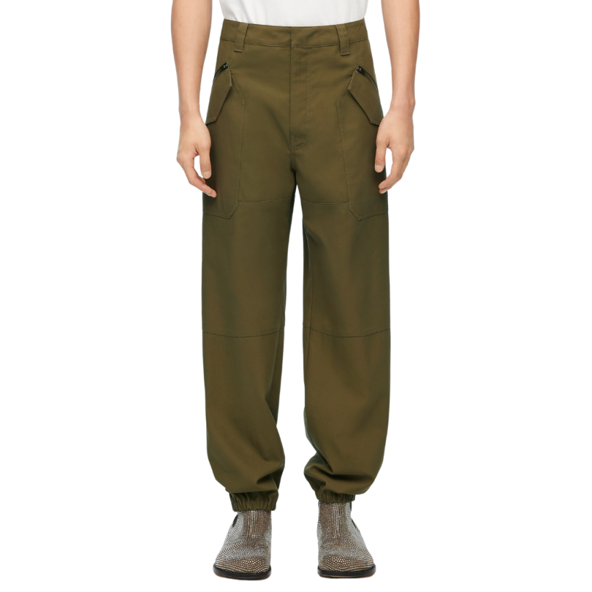 Pantalon LOEWE cargo coton kaki poche zippée argent