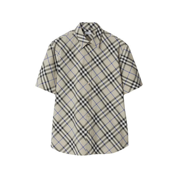Chemise BURBERRY manche courte coton gris carreaux check bleu
