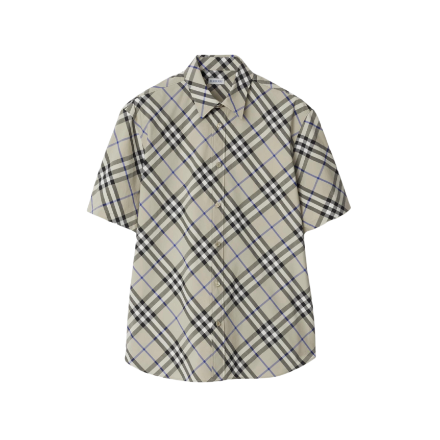 Chemise BURBERRY manche courte coton gris carreaux check bleu