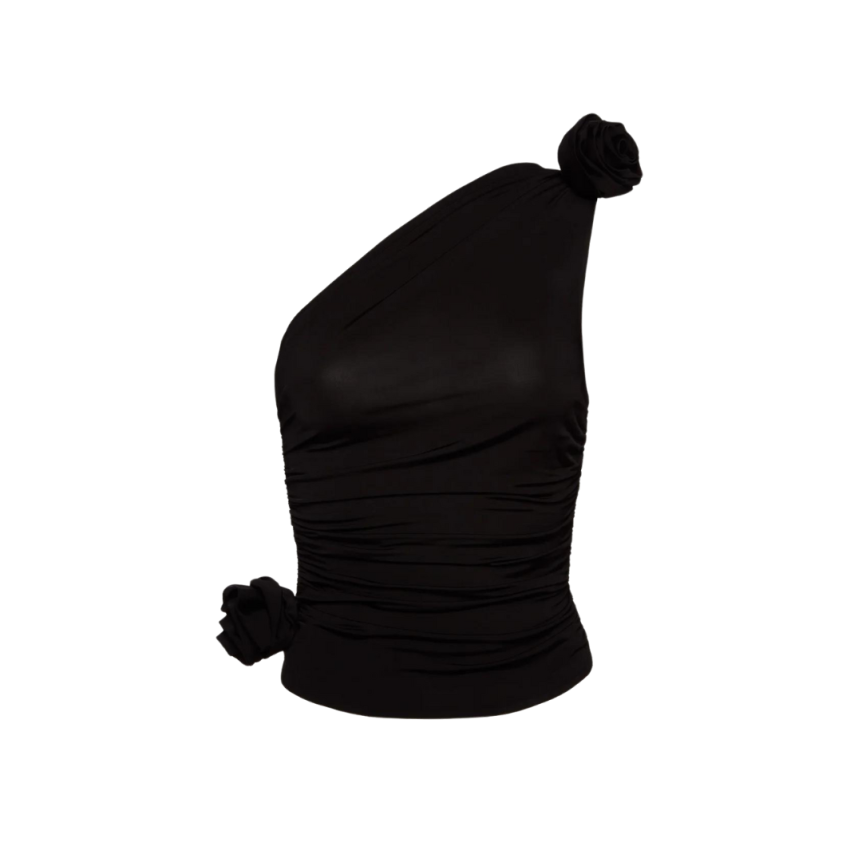 T-shirt asymétrique MAGDA BUTRYM lycra noir fleurs épaule