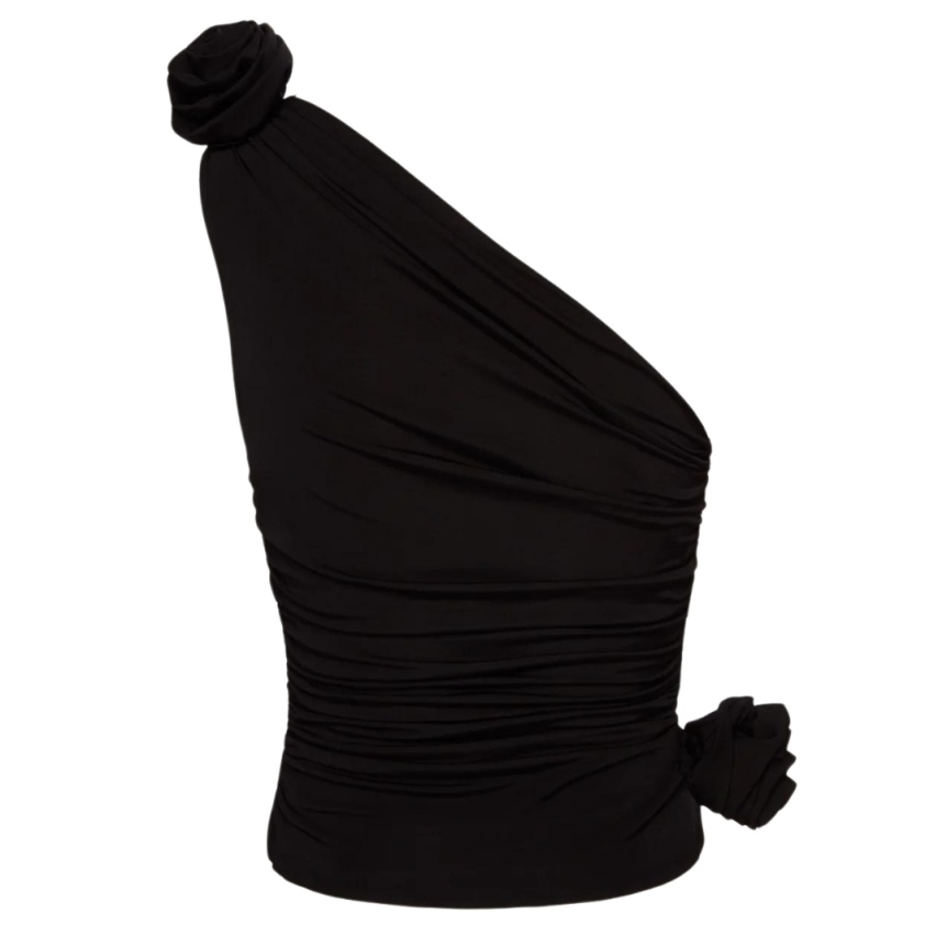 T-shirt asymétrique MAGDA BUTRYM lycra noir fleurs épaule