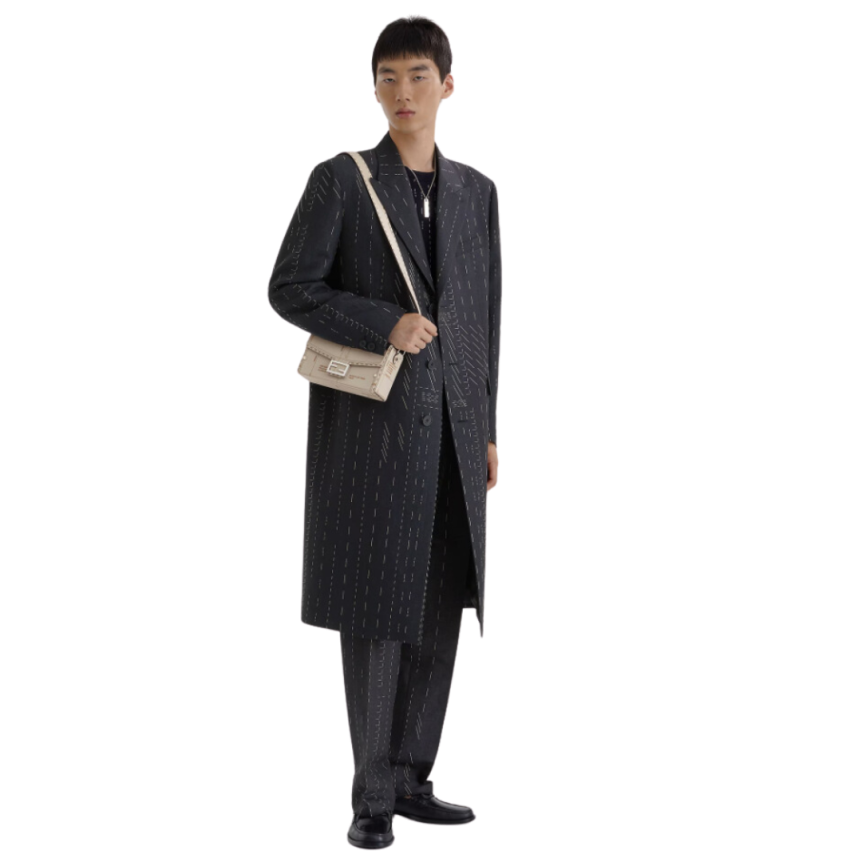 Pull FENDI col rond coton cachemire bleu marine tiret blanc