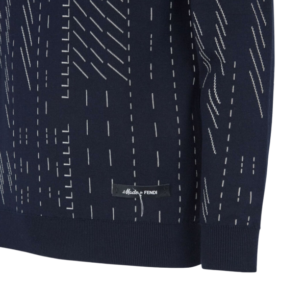 Pull FENDI col rond coton cachemire bleu marine tiret blanc