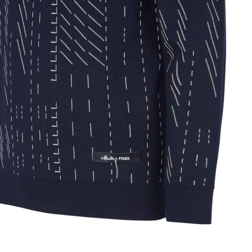 Pull FENDI col rond coton cachemire bleu marine tiret blanc