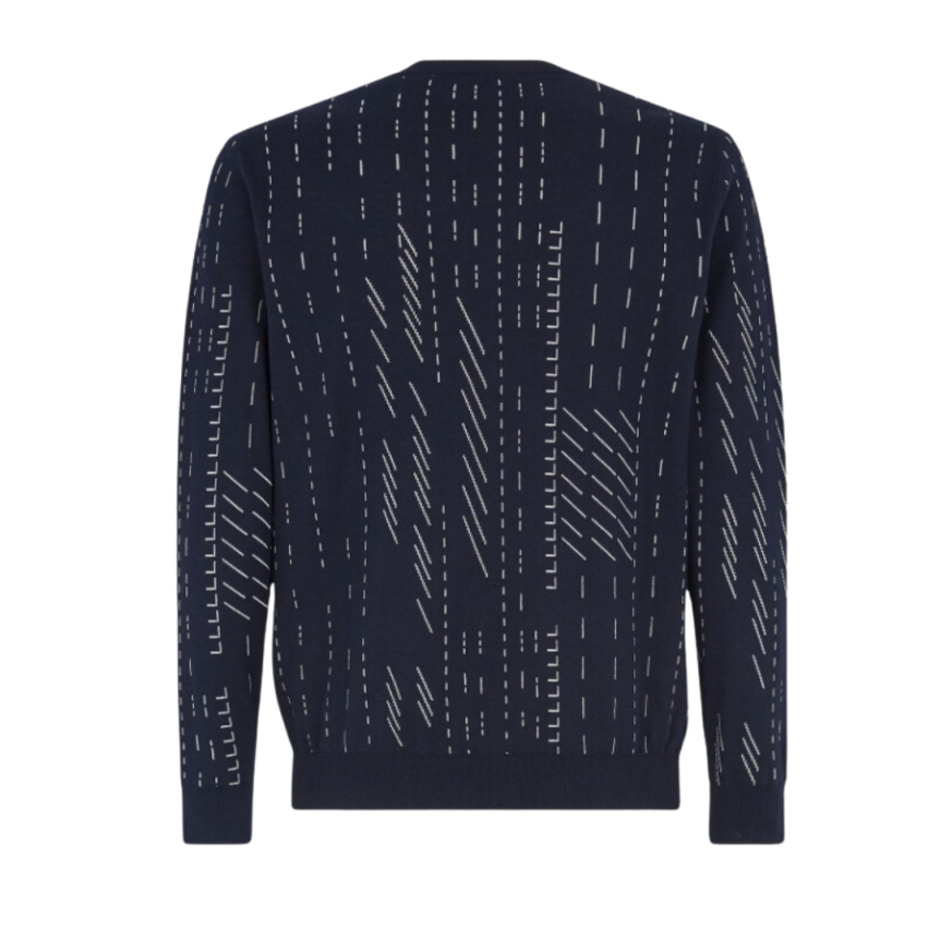 Pull FENDI col rond coton cachemire bleu marine tiret blanc