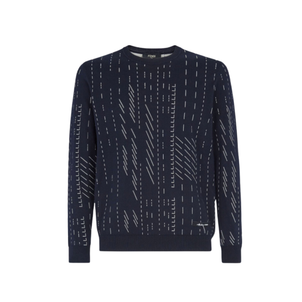 Pull FENDI col rond coton cachemire bleu marine tiret blanc