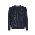 Pull col rond coton cachemire bleu marine tiret blanc