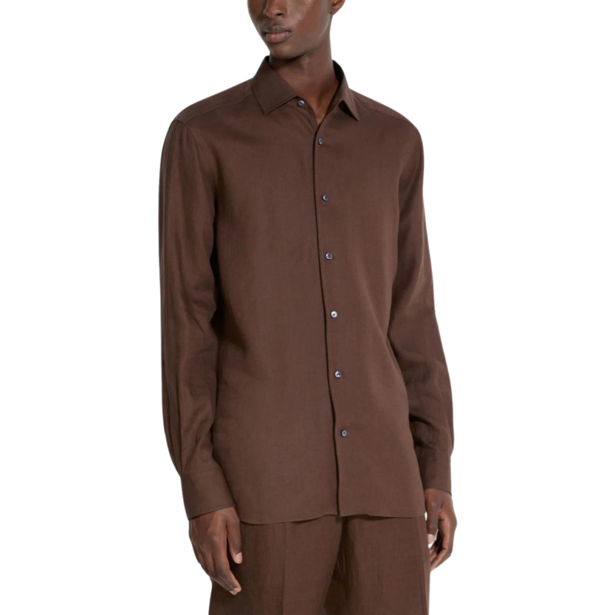 Chemise ZEGNA manche longue pur lin marron chocolat