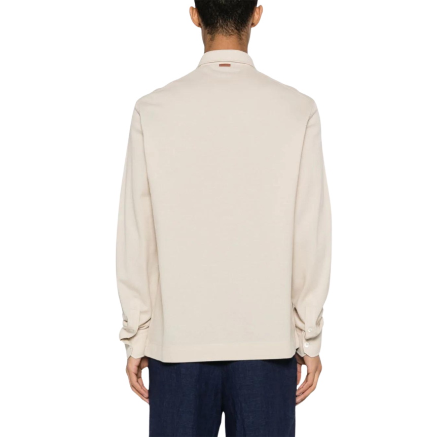 Polo ZEGNA coton beige poche poitrine ganse cuir marron