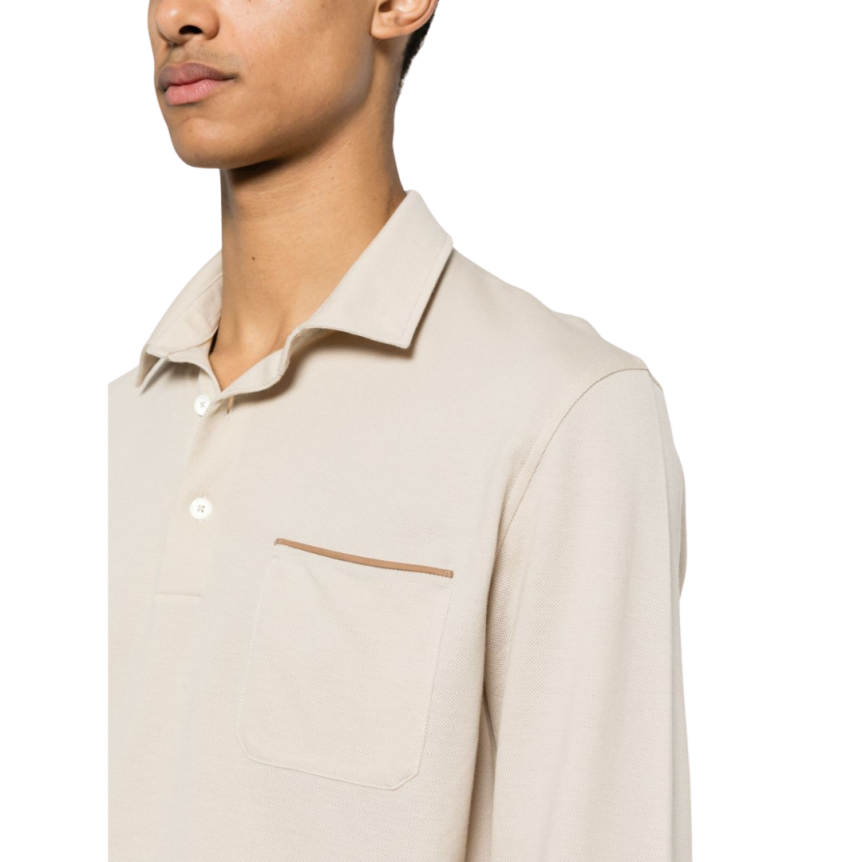 Polo ZEGNA coton beige poche poitrine ganse cuir marron