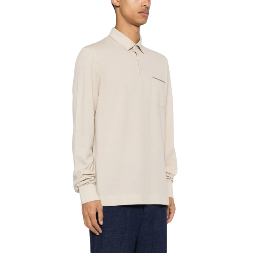 Polo ZEGNA coton beige poche poitrine ganse cuir marron