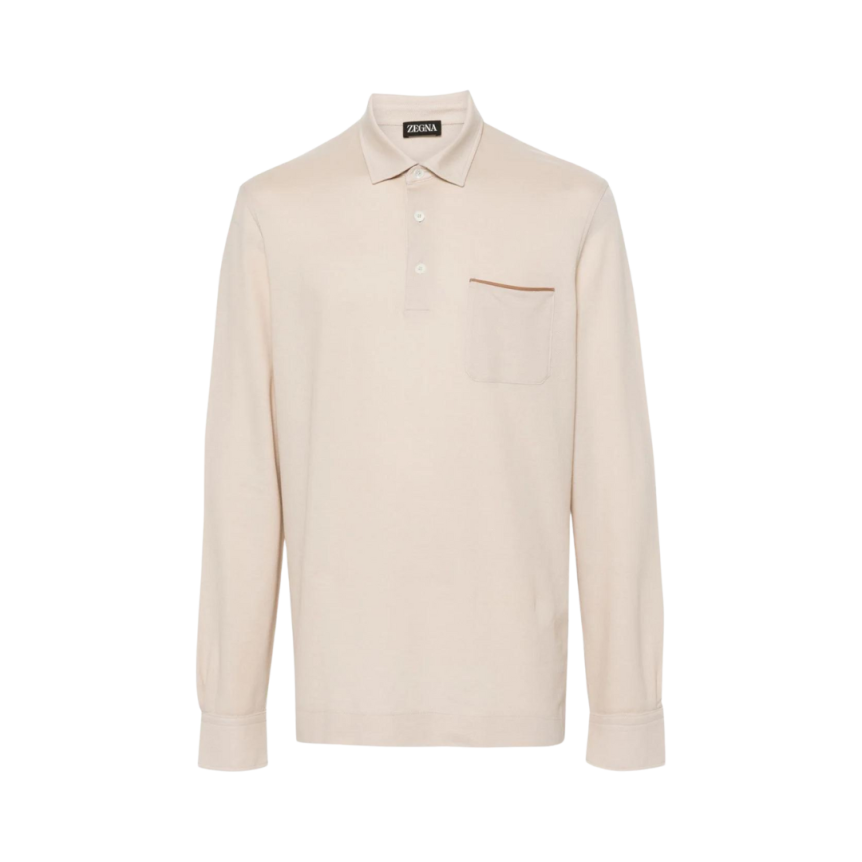 Polo ZEGNA coton beige poche poitrine ganse cuir marron