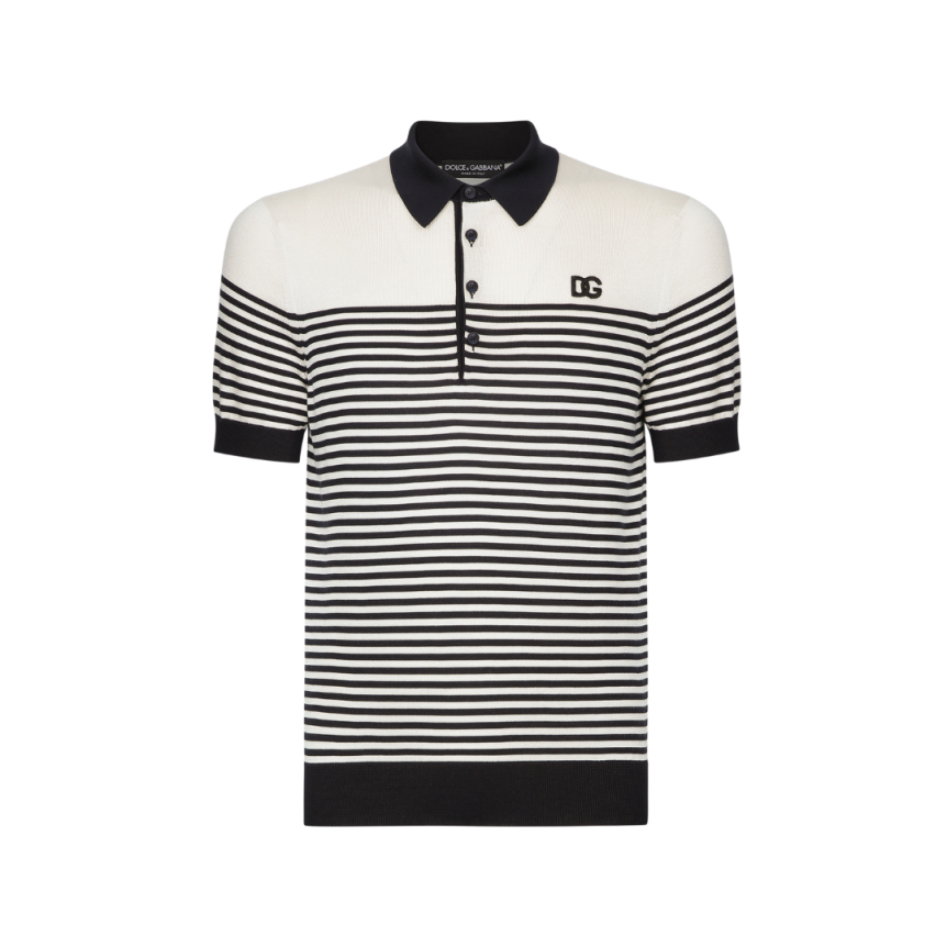 Polo DOLCE & GABBANA soie côtelée écru rayures bleu marine patch logo DG