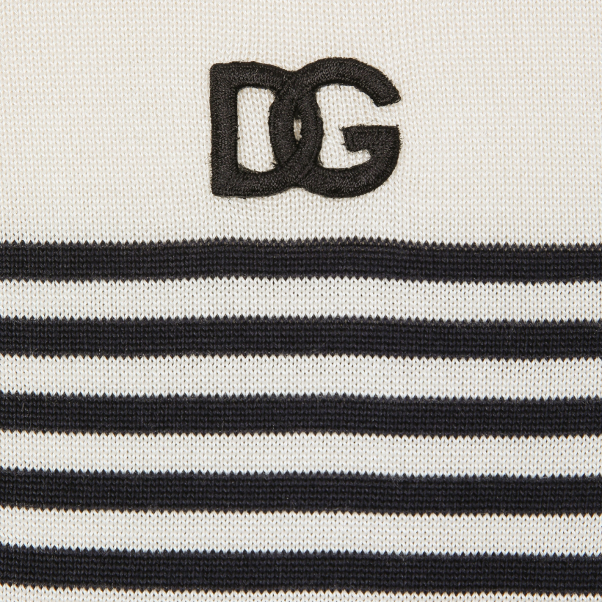 Polo DOLCE & GABBANA soie côtelée écru rayures bleu marine patch logo DG