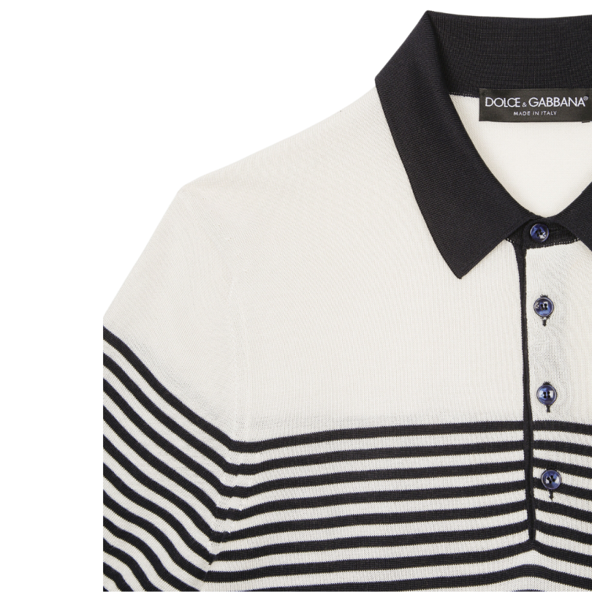 Polo DOLCE & GABBANA soie côtelée écru rayures bleu marine patch logo DG