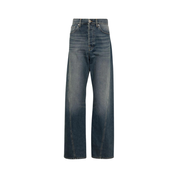 jean droit LANVIN coton denim bleu délavé patch logo cuir blanc dos
