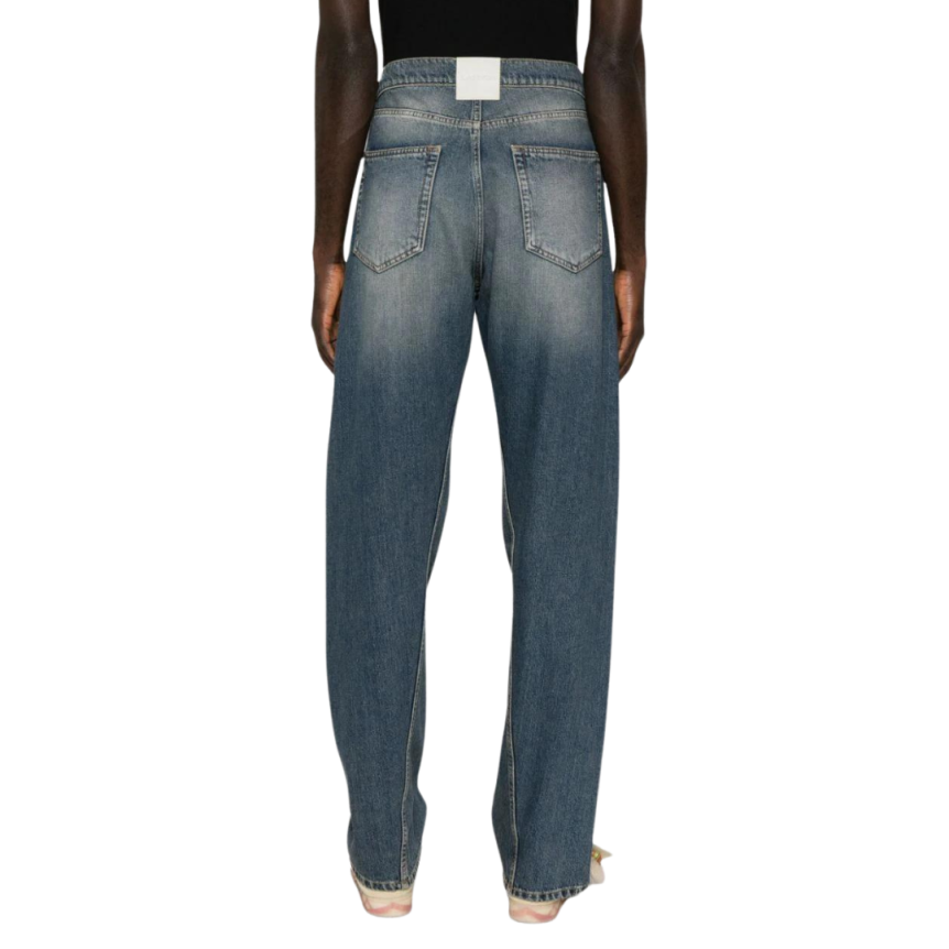 jean droit LANVIN coton denim bleu délavé patch logo cuir blanc dos