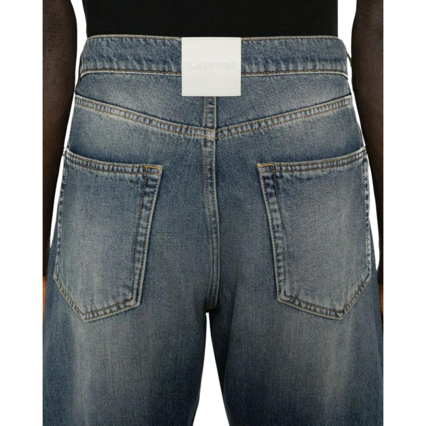 jean droit LANVIN coton denim bleu délavé patch logo cuir blanc dos
