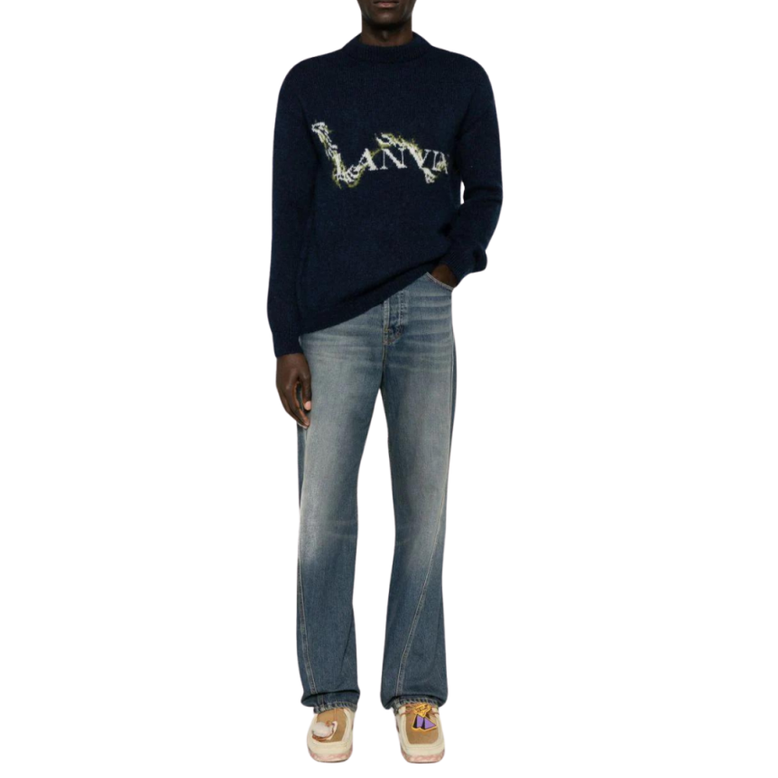 jean droit LANVIN coton denim bleu délavé patch logo cuir blanc dos