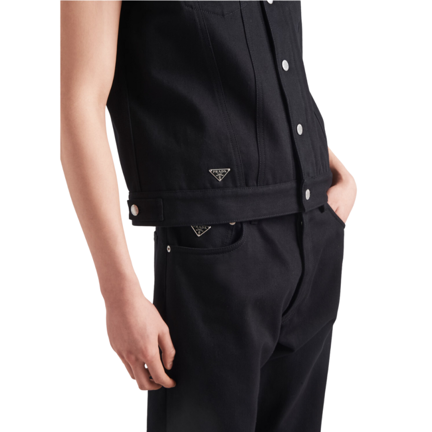 Jeans PRADA denim coton noir logo triangle métal